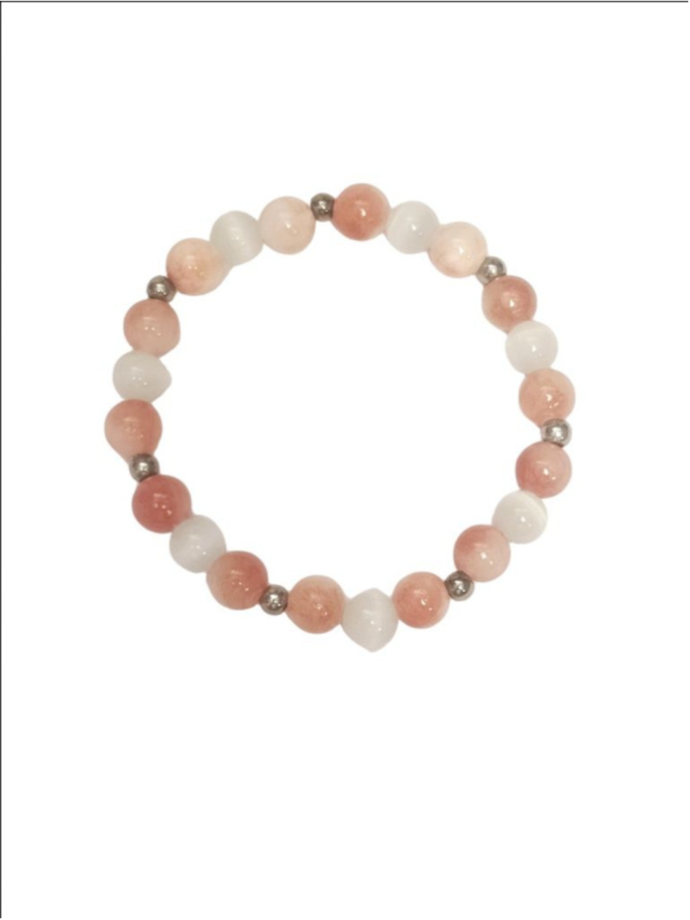Natural Pink & White Persian Chalcedony & Selenite Gemstone Beaded Bracelet 6.5"